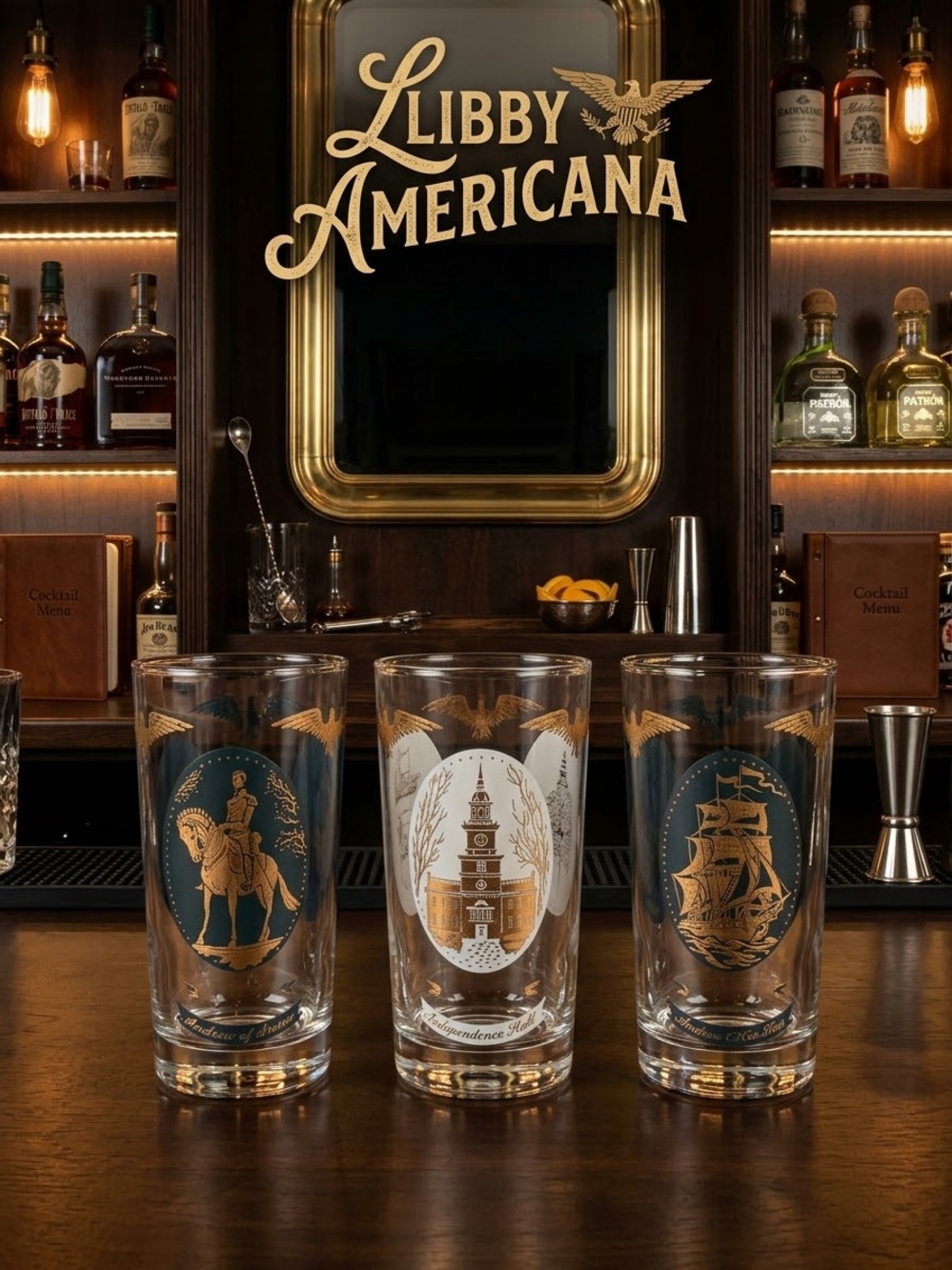 Vintage Libbey Americana Glasses Mid-Century Patriotic Barware 22K Gold Tumblers